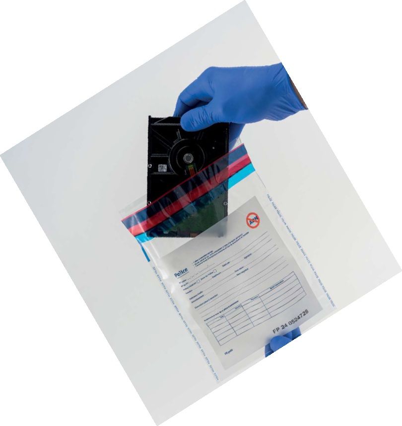 Gloved Hand Inserts a Black Hard Disk Drive into a Sealed Evidence Bag with a Police Form Inside the Bags Enclosure filename  Eurosecuritybg